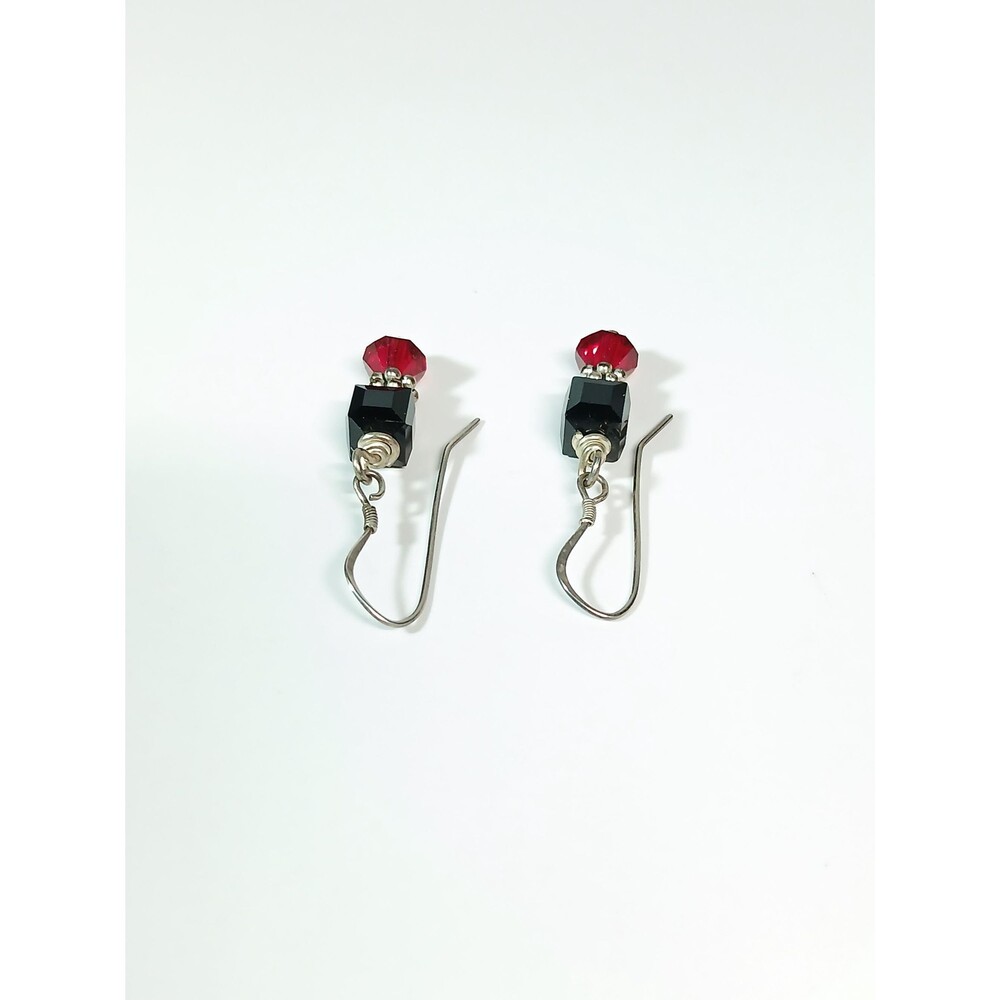 Sterling Silver Black Red Crystal Bead Dangle Earrings - Picture 10 of 16